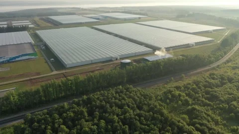 High angle drone view of greenhouse complex Video stock 328336560