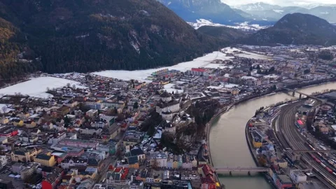 High angle drone view of the historic center of Kufstein. Fortress hill and Stock Footage 329322704