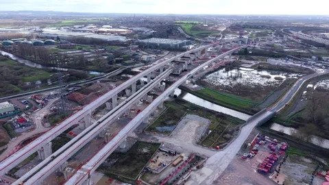 High-angle drone view of massive High Speed 2 infrastructure development and Stock Footage 340269167