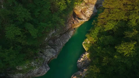 High Angle Drone View Over Turquoise Forest Gorge Near Barcis Stock Footage 336591114