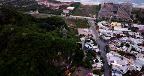 High angle drone view of pagoda and shrines at Marble Mountain Da Nang Stock Footage 282362057