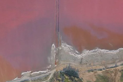 High angle drone view of pink lake where salt is extracted Foto stock