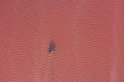 High angle drone view of pink lake where salt is extracted Foto stock