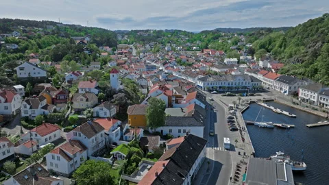High angle drone view of Risor Norway town center with narrow streets. Stock Footage 328125670