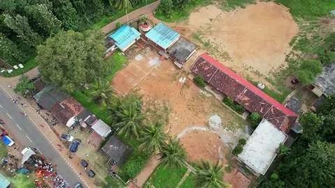 High angle drone view shows old rural village school campus and playground .. Stock-Footage 344411713