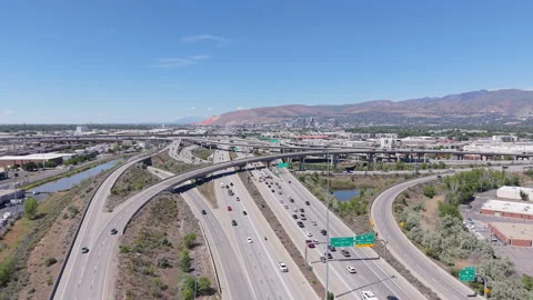 High angle drone view of the Spaghetti Bowl interchange in Utah Stock Footage 341478219