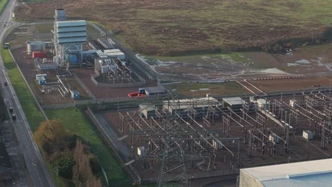 High angle drone view of Spalding energy facility exhaust stacks and Stock Footage 336323025