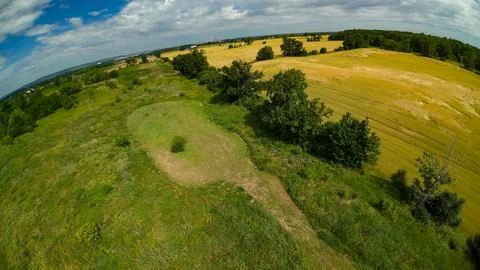 High angle drone view of a summer food plot and fields Stock Photos