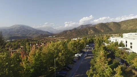 High-angle drone view of a tree-lined street and mountain valley in the San Stock Footage 332563514