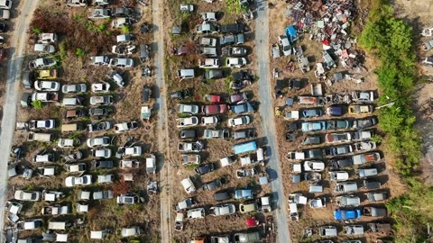 High-angle drone view of a vehicle graveyard. Stock Footage 330776883