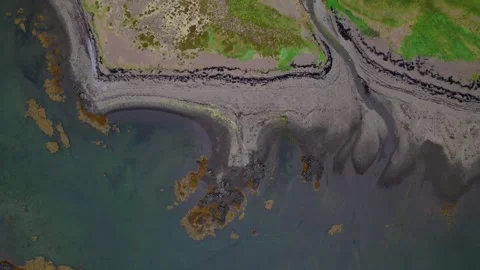 High Angle Drone of West Fjords Iceland Coastline Black Sand Beach Stock Footage 258498019