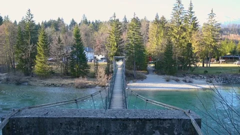 High angle, elevated view of suspension Fux footbridge in Slovenia Stock Footage 151017393