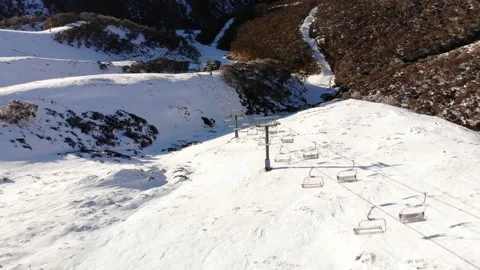 High Angle Flight Over Empty Ski Lift on Sunny Snowy Day Aerial 4K Video stock 137882612