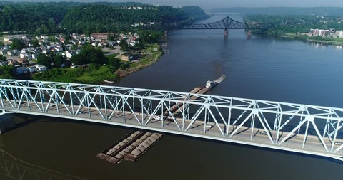High Angle Flyover Coal Barge on Ohio River  	 Stock Footage 90236137