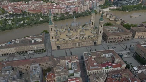 High angle footage of a massive cathedral near the river in Valencia, 4k Stock Footage 164856526
