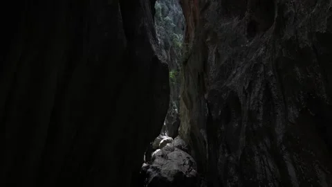 High angle footage of the tall steep cliffs of Gorg Dolc, Sa Calobra, Spain, 4k Stock Footage 285734835