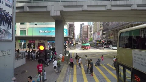 High angle front view vehicle shot, crossroad, Nathan road, Kowloon, Hong Kong Stock Footage 159959491