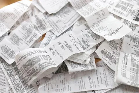 High Angle Full Frame Image of Receipts Ready for Accounting, Bookkeeping, Tax Stock Photos