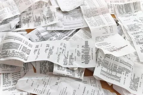 High Angle Full Frame Image of Receipts Ready for Accounting, Bookkeeping, Tax Stock Photos