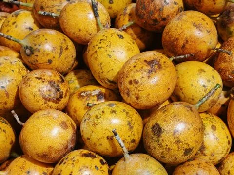 High Angle Full Frame of Ripe Yellow Granadilla Passion Fruit Stock Photos
