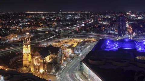 High Angle on Highway Tangles and Church at Night Stock Footage 87914981
