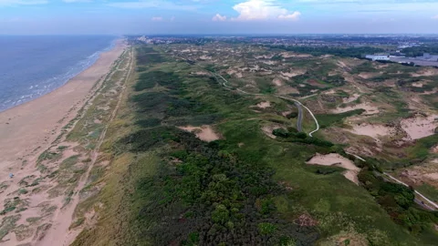 High angle horizontal aerial drone video clip of cycling path, walking trail 스톡 동영상 342667379