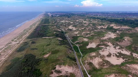 High angle horizontal aerial drone video clip of cycling path, walking trail Видео 342698142