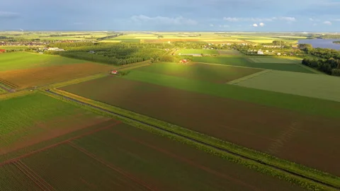 High angle horizontal aerial drone video clip of agricultural fields, farm Vidéo 342819736