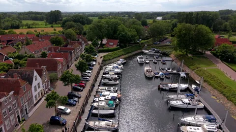 High angle horizontal aerial drone video clip of harbor, boats, historic Video stock 342992847
