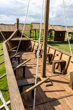 High Angle Interior View of Historical Wooden Longship Deck Stock Photos