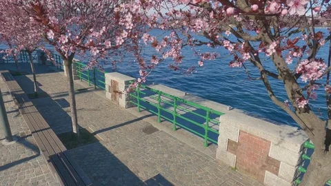 High angle of Lake Maggiore and Angera castle through peach flowers Видео 279867978