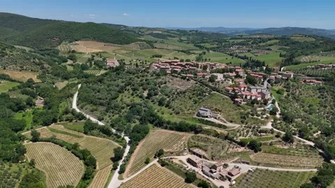 High Angle Landscape View of Tuscan Fields, Groves, and Hill Village Stock Footage 345701851