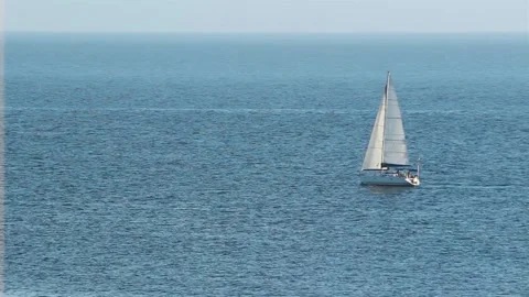 High Angle Of Large Sailboat With White Sails. Stock Footage 198169345