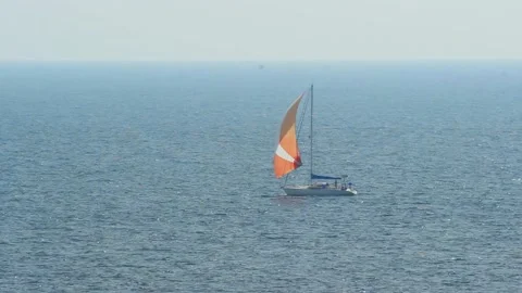 High Angle Of Large Sailing Boat With Red Sail. Stock Footage 198169430