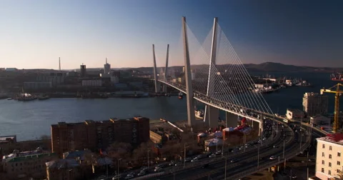 High angle long shot of cable bridge in Vladivostok. View of Russky Island Видео 48632806