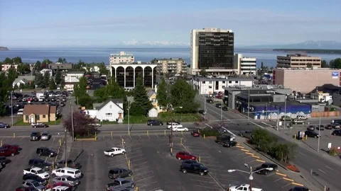 High angle looking down on Anchorage streets with Cook Inlet in background. Video stock 79182655