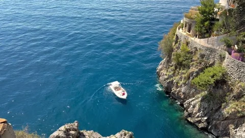 High Angle Luxury Boat Cliffside Villa Stone Path Amalfi Coast Italy Stock Footage 338033639