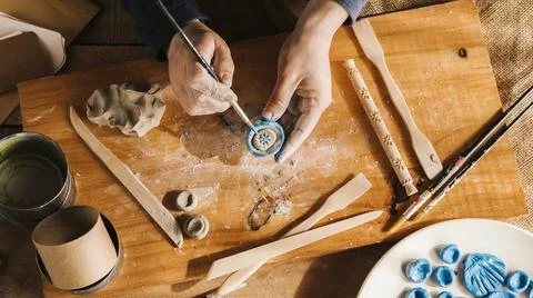 High angle man carving art pieces Stock Photos