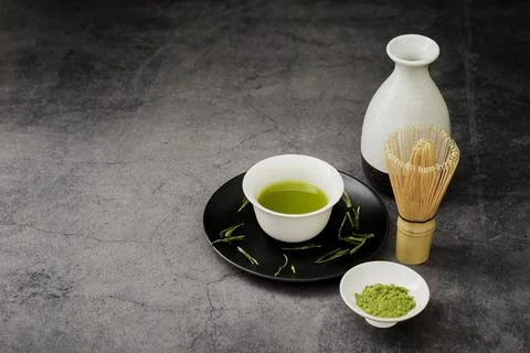 High angle matcha tea cup plate Stock Photos