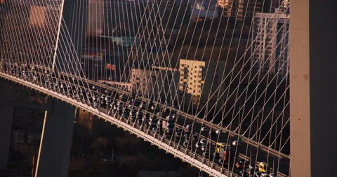 High angle medium shot of a cable bridge (Golden Bridge) in Vladivostok, Russia Video stock 48631719