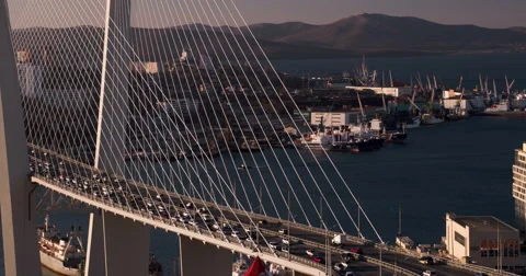 High angle medium shot of a modern cable bridge in Vladivostok, Russia.  Stock Footage 48631920
