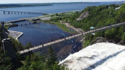 High Angle of Montmorency Falls and St Lawrence River, Quebec City Stock Footage