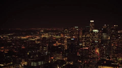 High angle night drone view of downtown Los Angeles skyscrapers Stock Footage 344389914