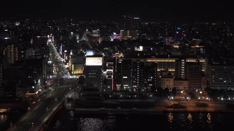 High angle night static video of the Sumida river and the Sensoji Temple. Stock Footage 125637798