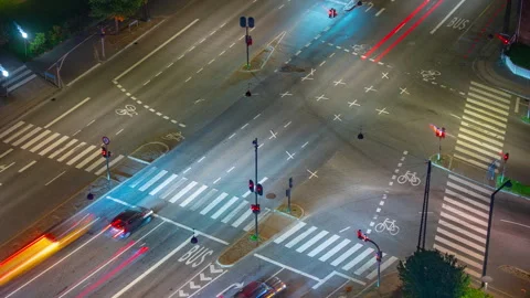 High Angle Night Traffic Light Trails at Urban Intersection Stock Footage 341226892