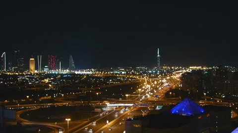 High angle nightscape of Dubai transportation and buildings. Stock Footage 61500077