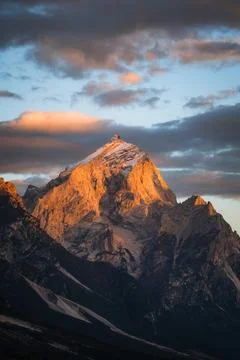 High angle of orange mountain peak at sunset in The Dolomites South Tyrol Italy Stock Photos