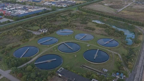 High-angle over Danish sewage treatment works, infrastructure from above. Stock Footage 318794122
