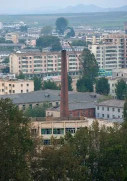 High angle overview of decrepit buildings and factory, North Hwanghae Provinc Stock Photos
