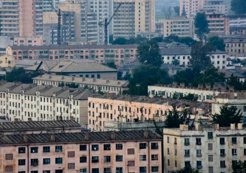 High angle overview of decrepit buildings, North Hwanghae Province, Sariwon,  Stock Photos